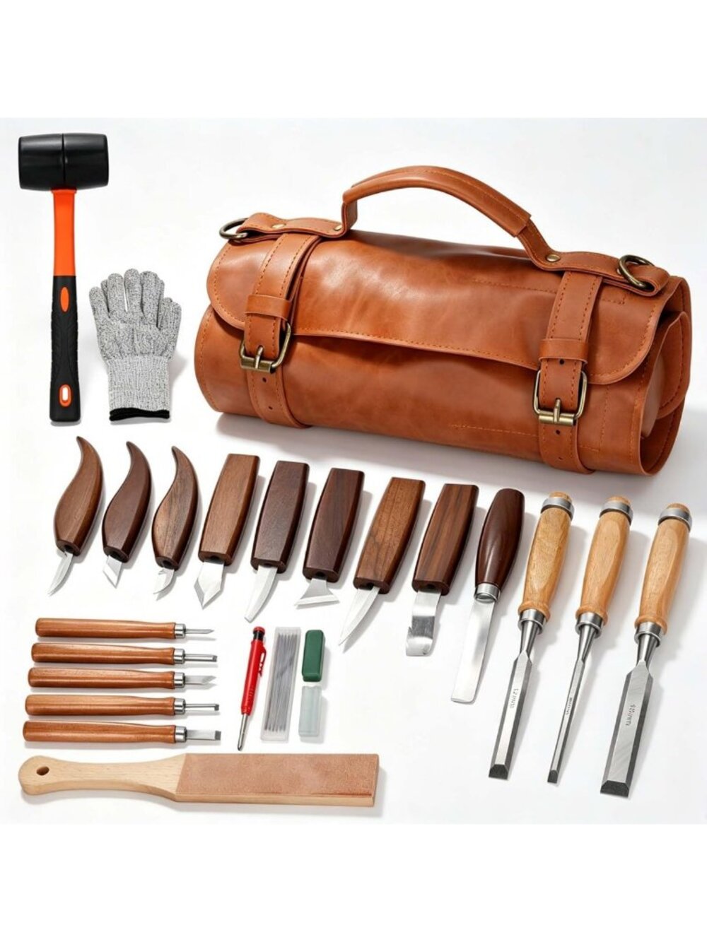 25-Piece Wood Carving Tool Set with Leather Storage Bag - Perfect for Beginners